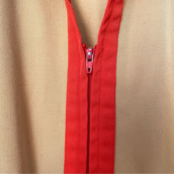 Vintage Tan Wool Shirt Dress with Orange Red Collar, Trim, Belted - Picture 4 of 16